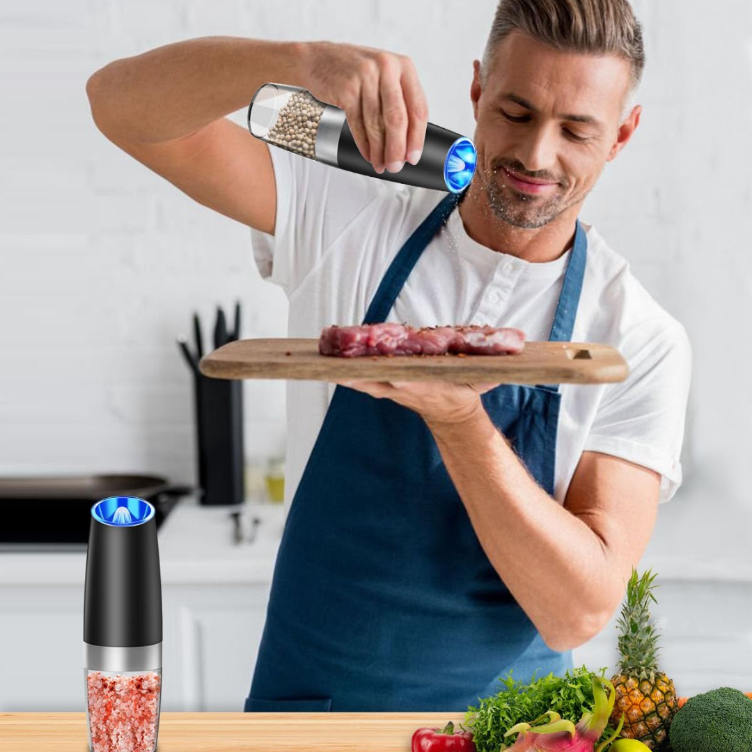 Rechargeable electric salt and pepper grinder set for modern kitchen. Easy one-hand operation.