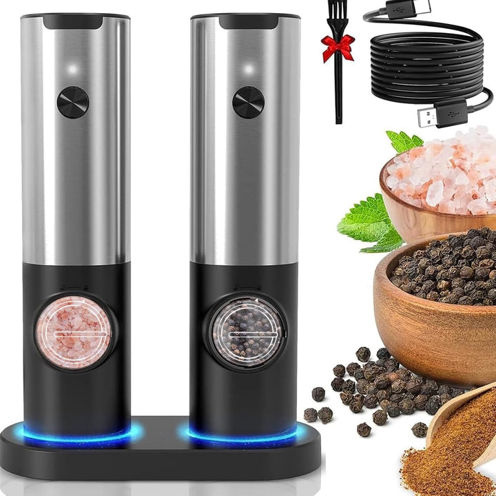 Close-up of rechargeable electric pepper grinder, showcasing stainless steel design and clear spice chamber