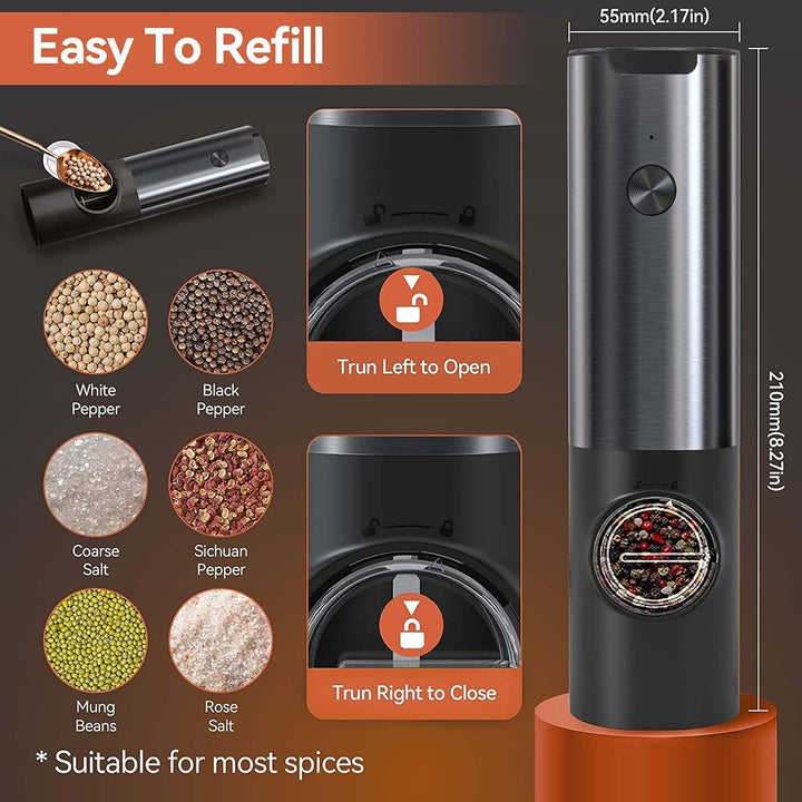 Ergonomic rechargeable electric salt grinder for easy one-handed operation, a must-have cooking tool