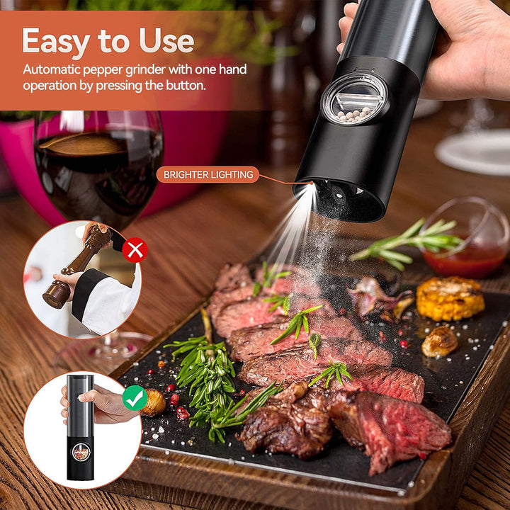View of rechargeable electric salt and pepper grinders in a gift box, convenient kitchen appliance set
