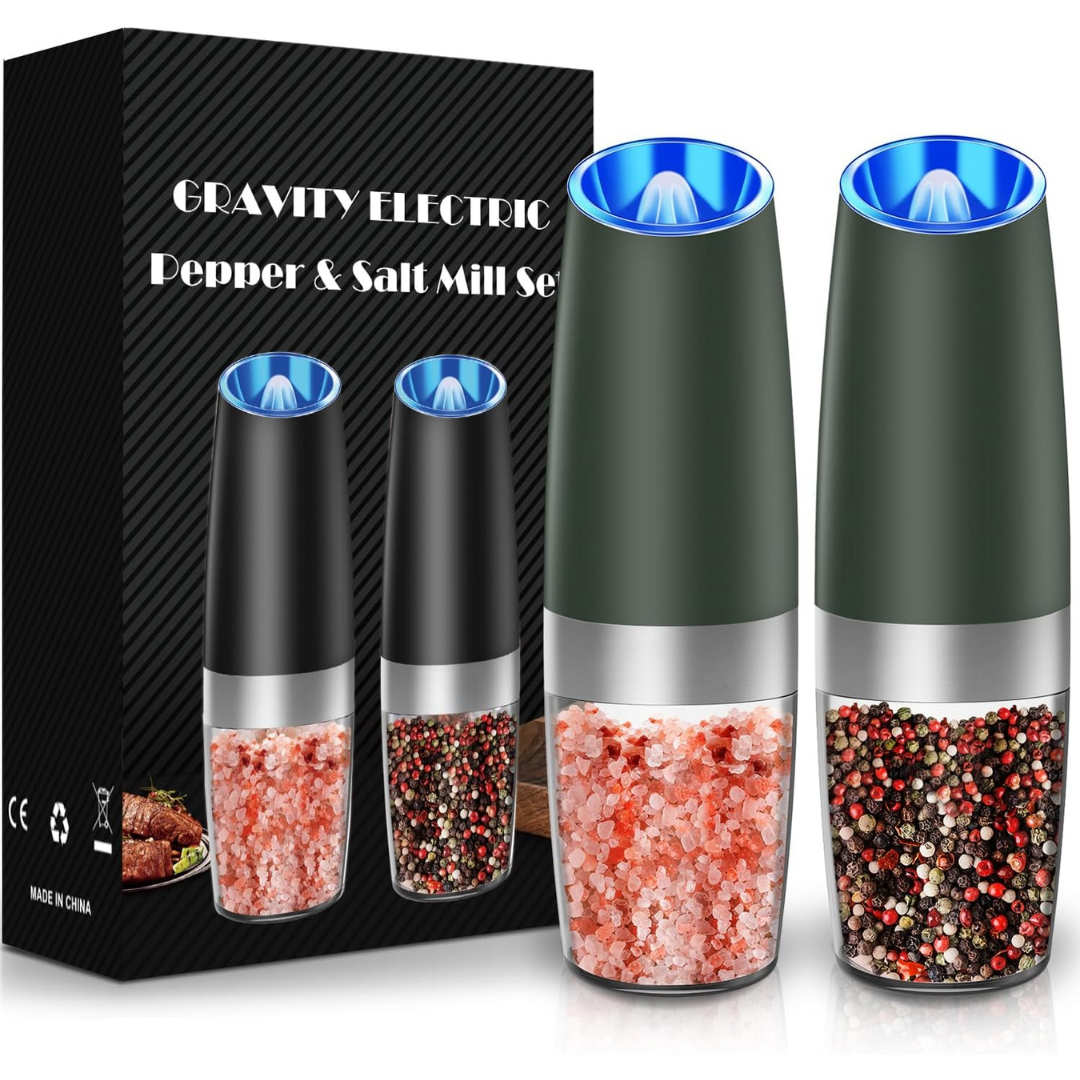 Hands-free rechargeable electric pepper grinder and salt mill for gourmet cooking.