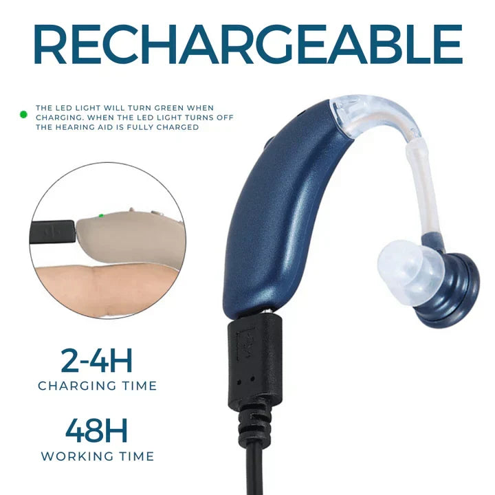 Easy-to-use rechargeable hearing aid, a compact sound amplifier ensuring improved, clear auditory support.
