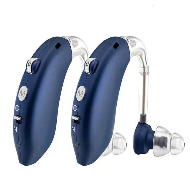 Modern rechargeable hearing aid. Universal fit ear device for clear sound amplification and discreet comfort.