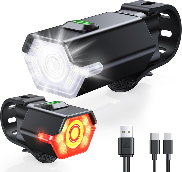 Rechargeable LED bike light set with multiple modes, enhancing cycling safety for night riding.