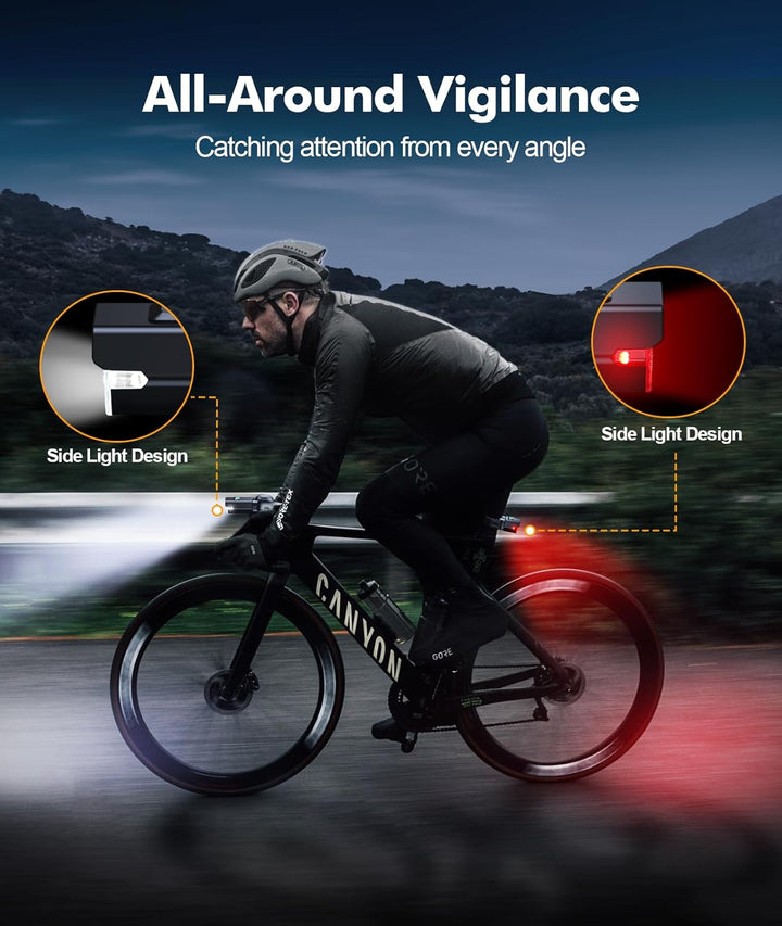 Compact USB rechargeable bike front and tail lights, waterproof for all weather cycling.