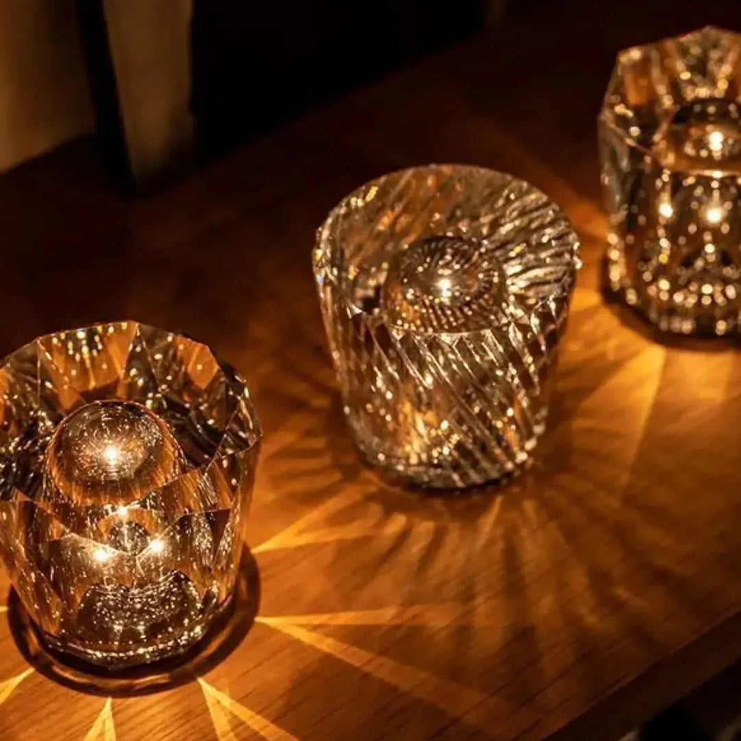 Rechargeable LED diamond crystal table lamp, modern luxury home decor accent.