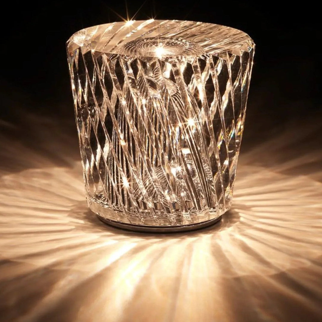 Elegant luxury LED crystal table lamp, diamond shape, rechargeable accent.