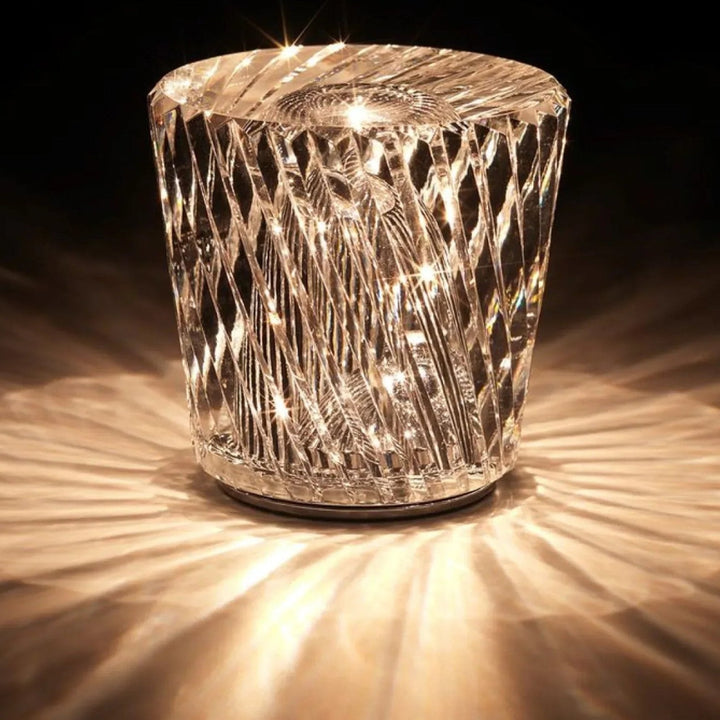 Elegant luxury LED crystal table lamp, diamond shape, rechargeable accent.