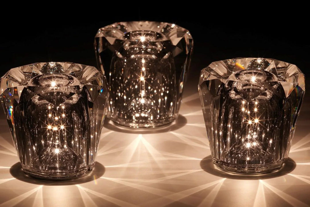 Luxury crystal lamp, diamond-cut, rechargeable LED table light for modern decor.