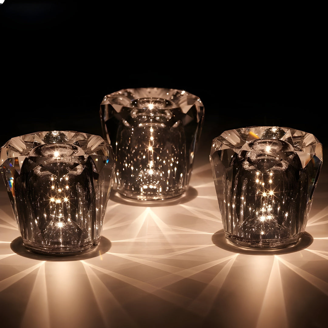 USB rechargeable crystal table lamp, diamond design, modern portable lighting.