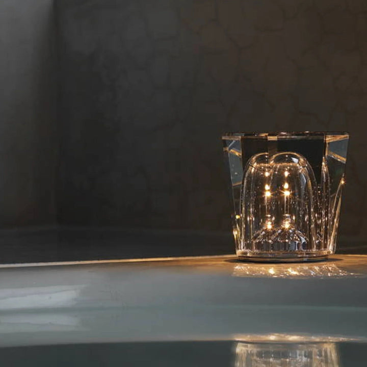 Modern crystal table lamp with diamond design, USB rechargeable portable light.