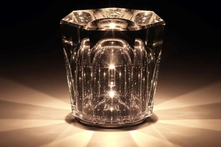 USB rechargeable crystal table lamp, modern diamond design for home lighting.