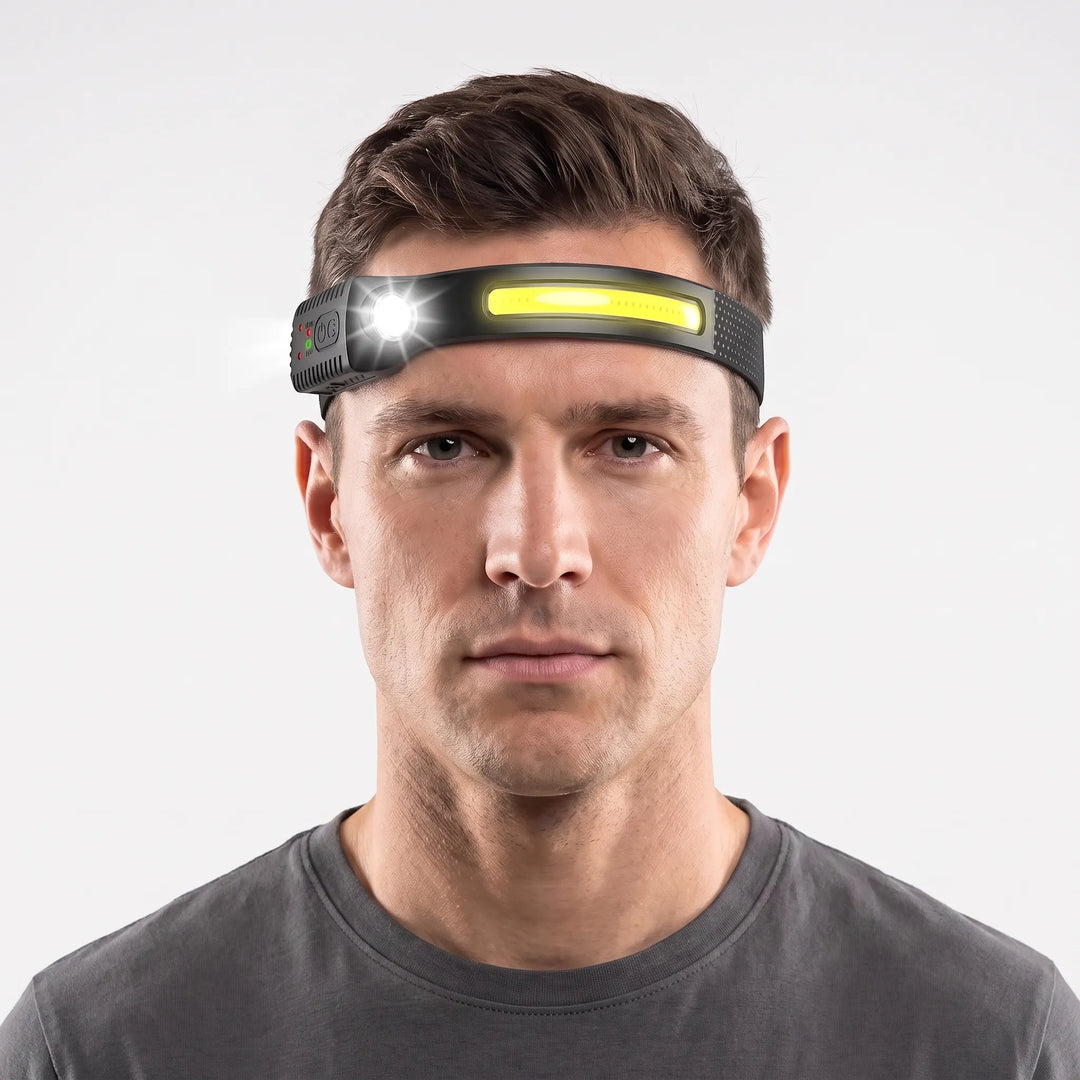 Rechargeable LED headlamp for hands-free outdoor activities like camping & hiking. Bright wide beam light.