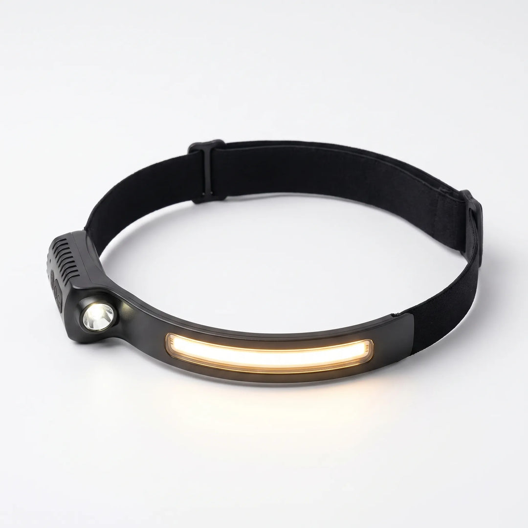 Hands-free rechargeable LED headlamp for work or outdoor gear. Features a motion sensor for easy control.