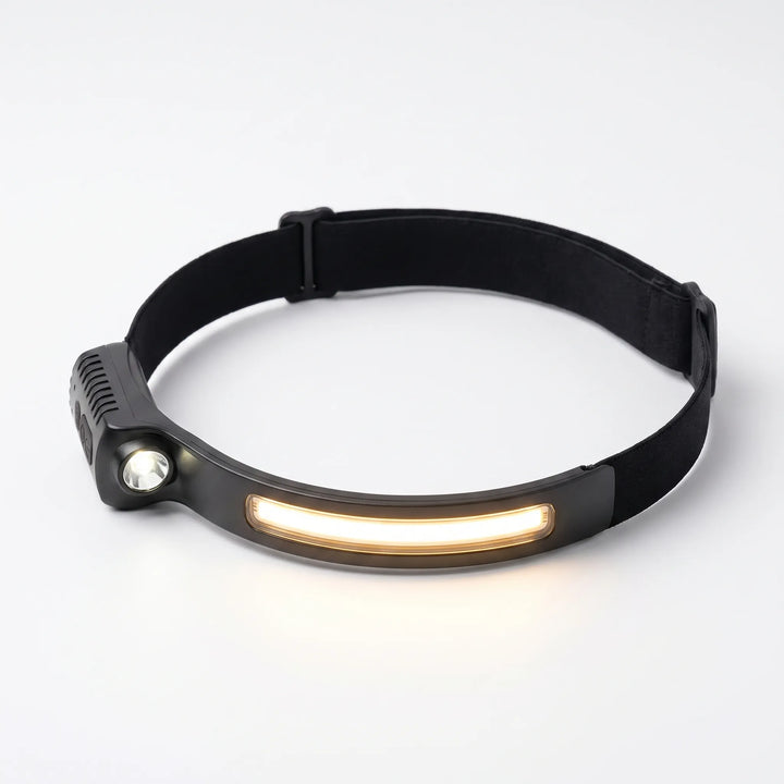 Hands-free rechargeable LED headlamp for work or outdoor gear. Features a motion sensor for easy control.