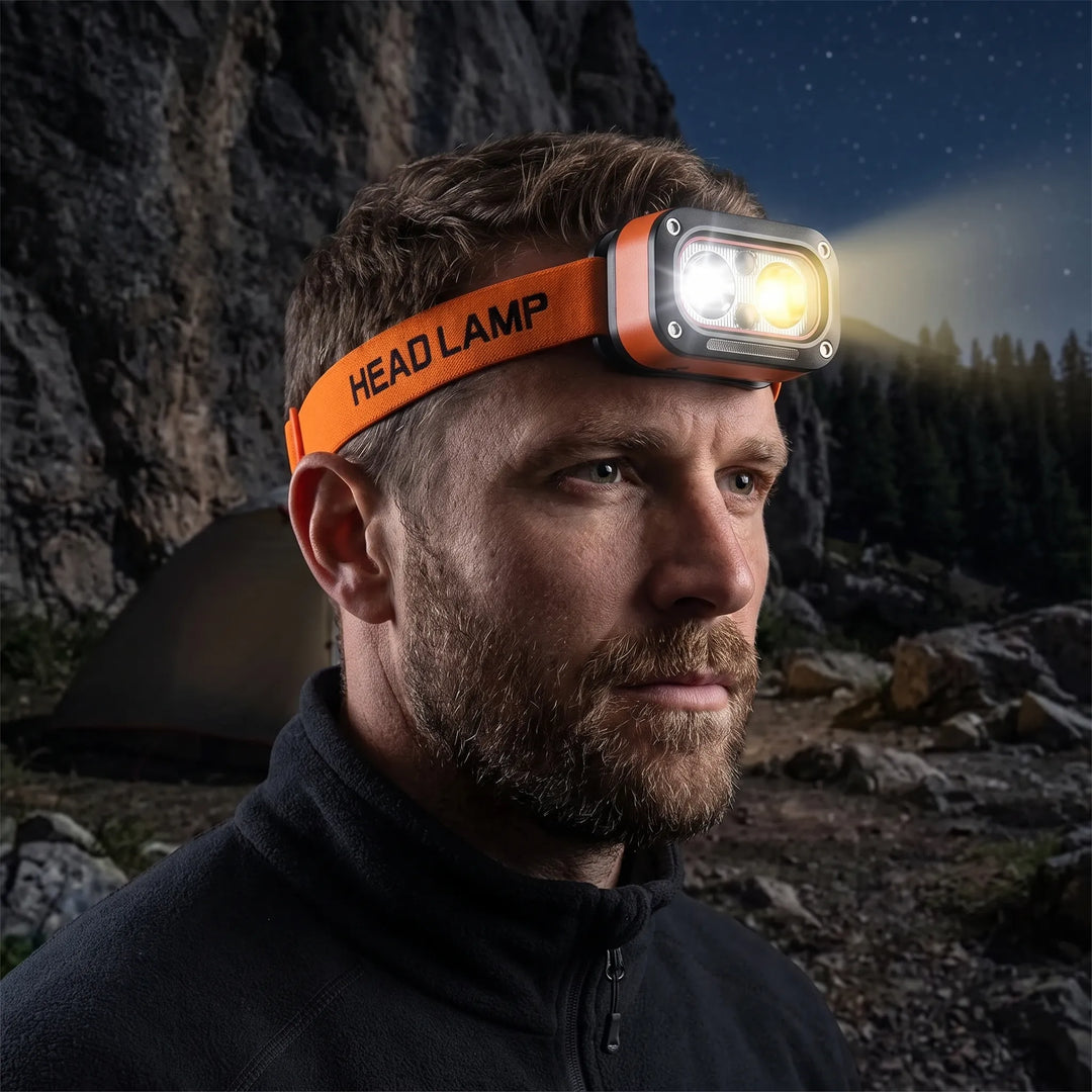 Rechargeable LED headlamp with motion sensor for hands-free outdoor camping & hiking.