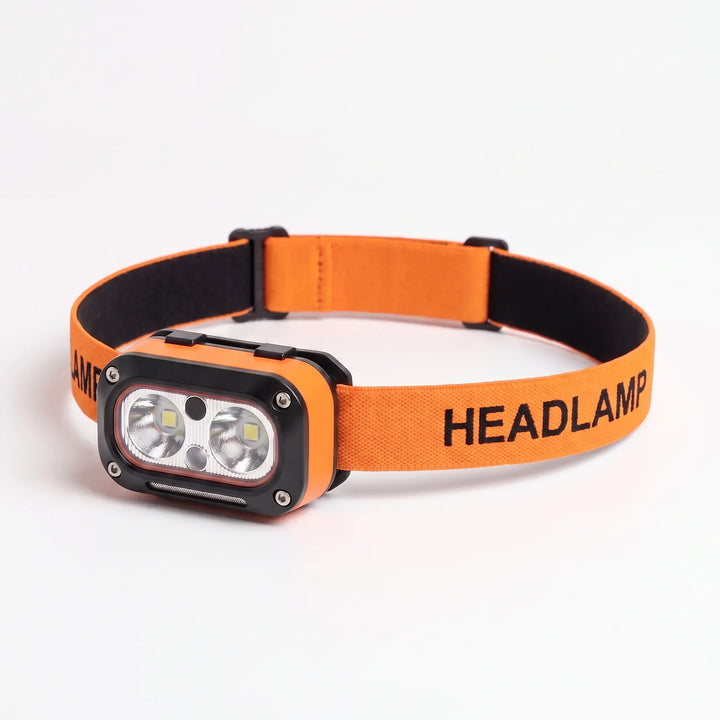 Hands-free rechargeable headlamp with motion sensor, perfect for camping, hiking, & work.