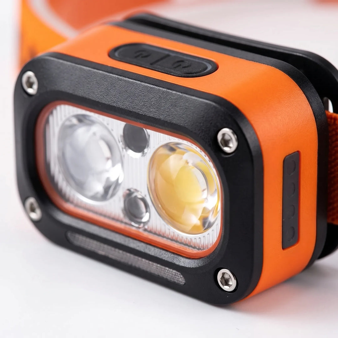 Versatile motion sensor headlamp, rechargeable LED light for outdoor activities & utility tasks.