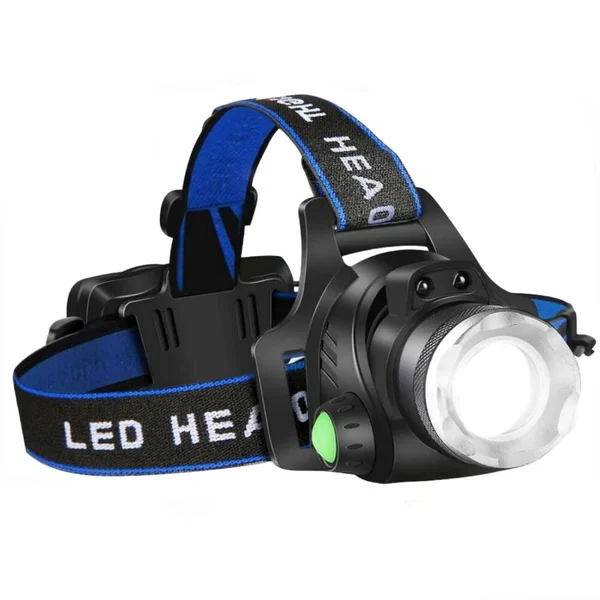 Rechargeable LED headlamp, zoomable tactical flashlight for hands-free outdoor camping & hiking.