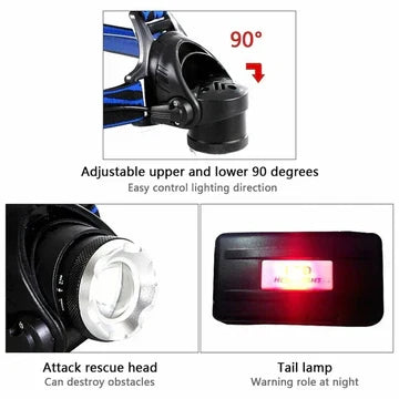 Bright LED headlamp with zoomable tactical beam. Rechargeable, hands-free flashlight for camping & outdoor adventures.