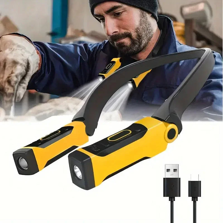 Rechargeable LED neck light for hands-free reading, work, & crafting. Adjustable brightness & flexible arms.