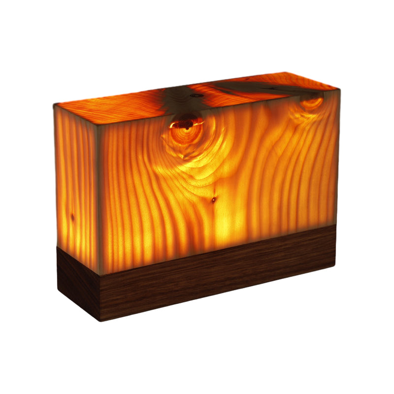Rechargeable WoodGlow LED lamp, wood grain design, a minimalist addition to any room.