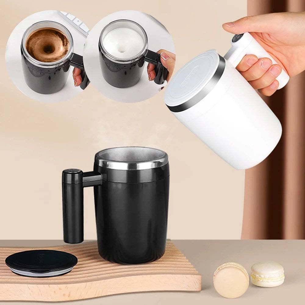 Stainless steel self-stirring mug, portable and automatic for easy mixing of any beverage.