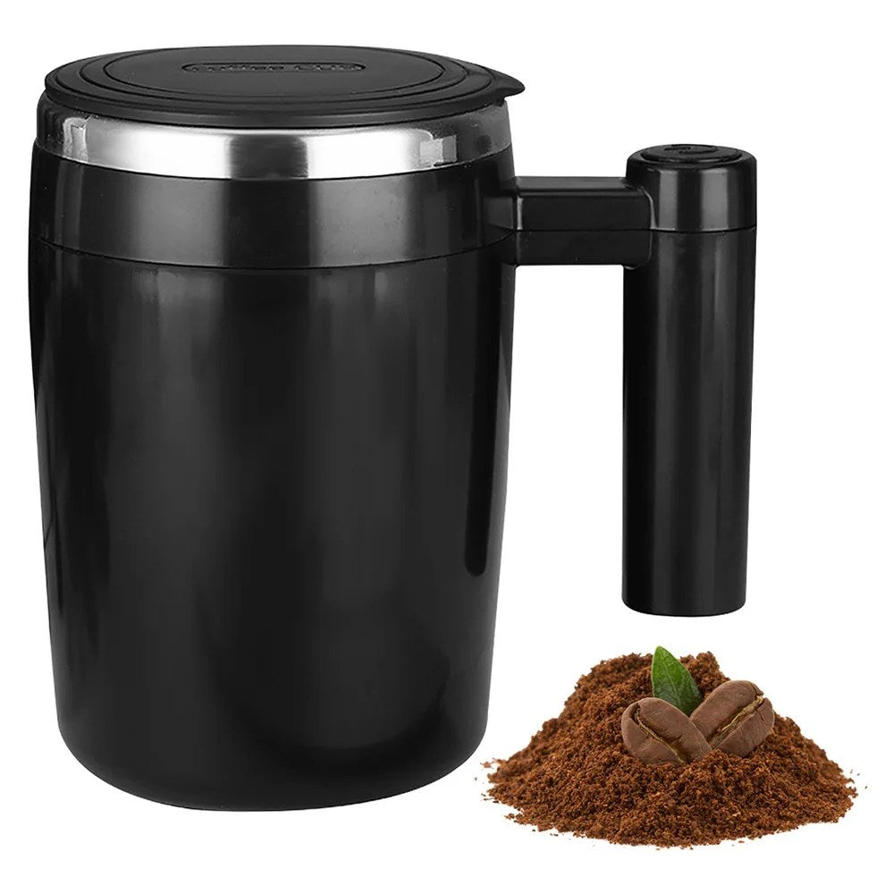 Automatic self-stirring coffee mug for home, office, or travel. Rechargeable for effortless drink mixing.