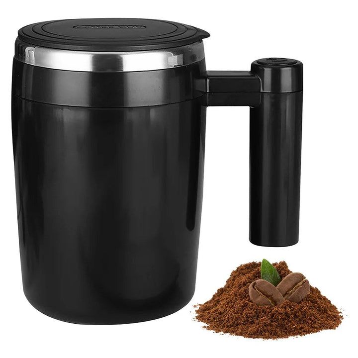 Automatic self-stirring coffee mug for home, office, or travel. Rechargeable for effortless drink mixing.