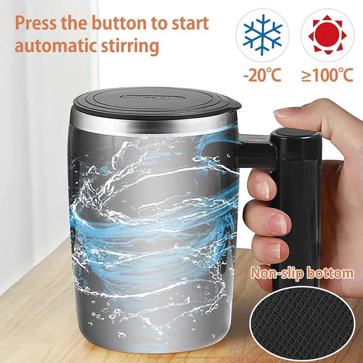 Unisex automatic self-stirring mug, great for coffee, tea, and protein shakes. Rechargeable & portable.