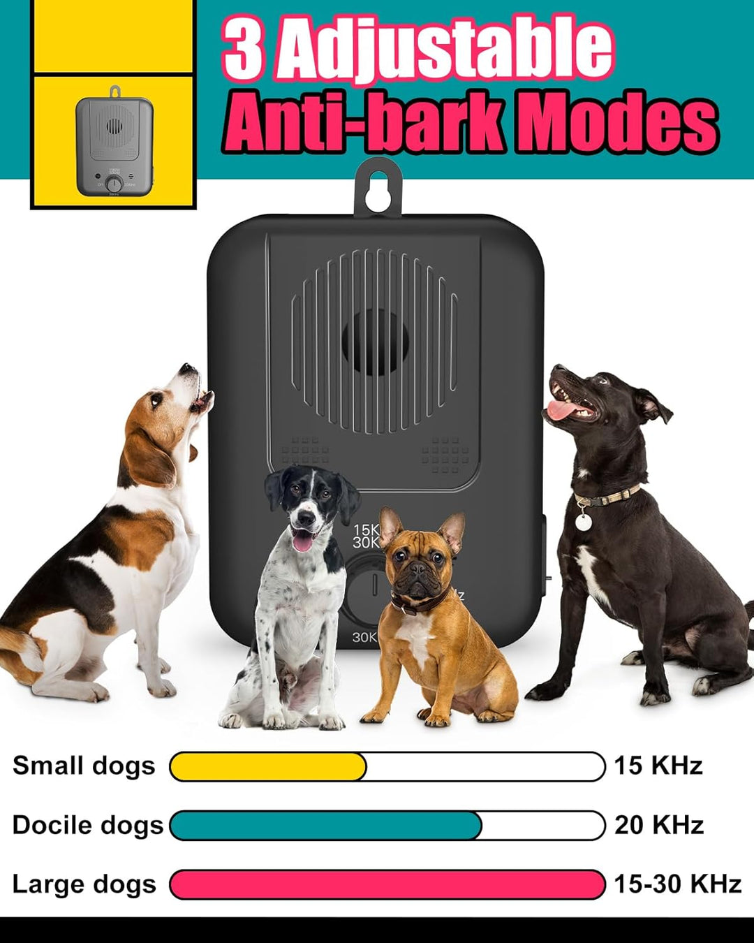 Calvero rechargeable bark deterrent shown in a backyard, promoting home tranquility for pet owners