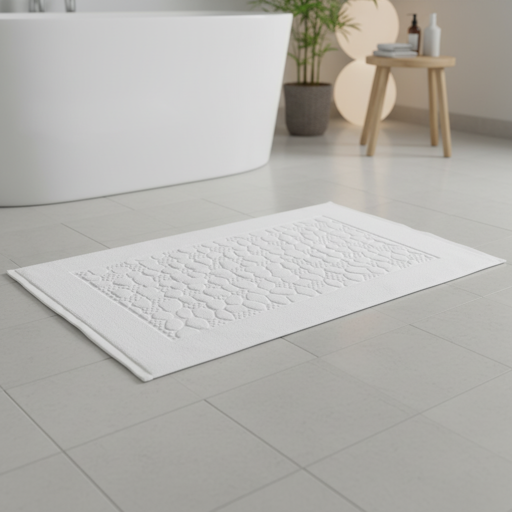 Rectangular cotton bath mat in gray, soft knitted texture, absorbent for bathroom comfort and decor.