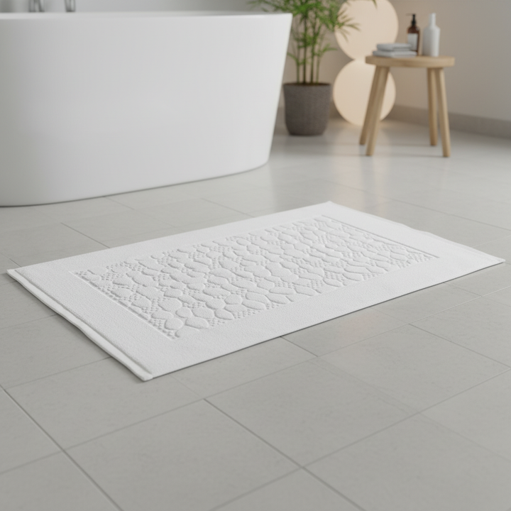 Rectangular cotton bath mat in gray, soft knitted texture, absorbent for bathroom comfort and decor.