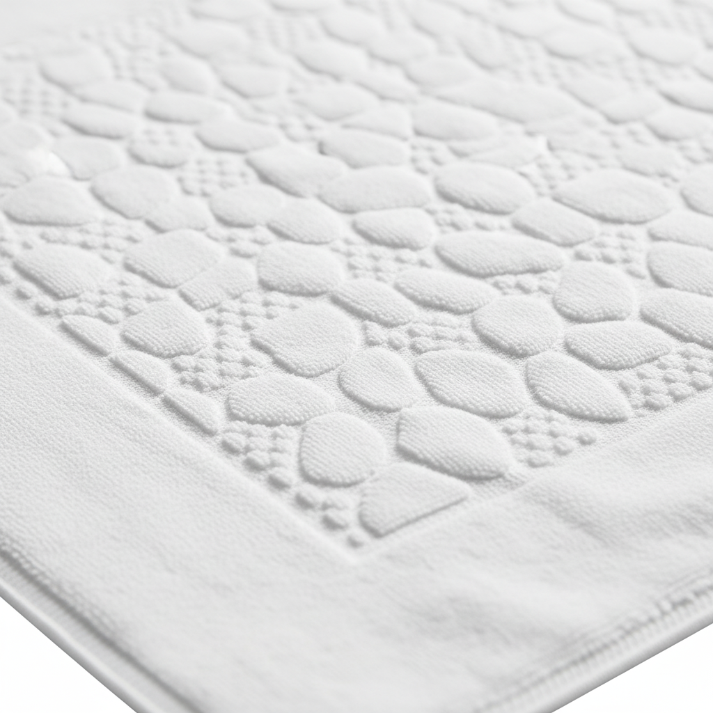 Soft knitted cotton bath mat, rectangular shape, adds comfort and style to any home bathroom.