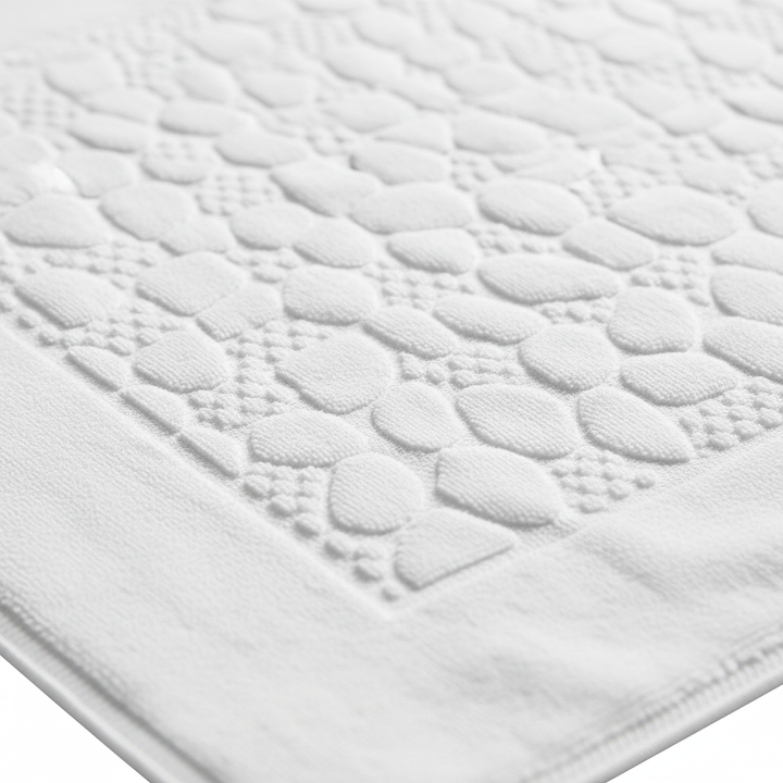 Soft knitted cotton bath mat, rectangular shape, adds comfort and style to any home bathroom.