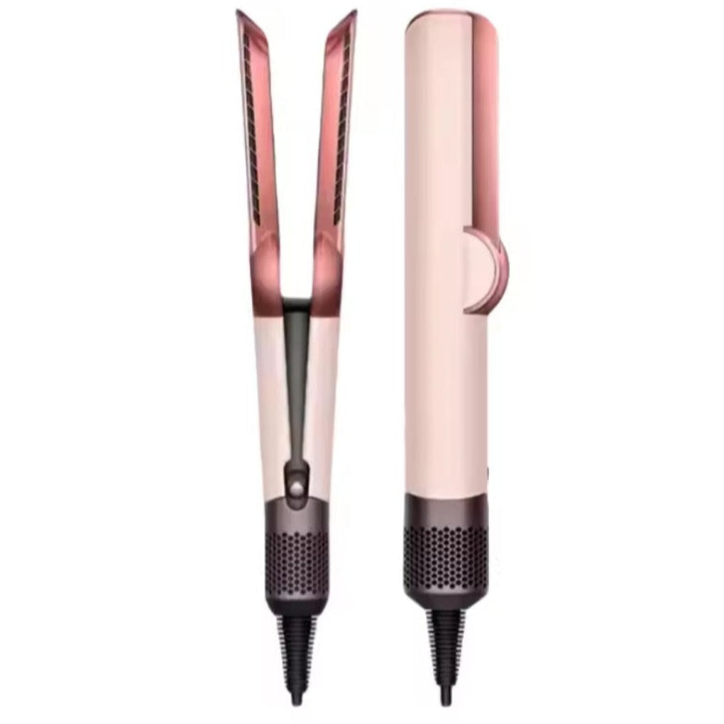Red 2-in-1 hair dryer and straightener on a white background, ideal for all hair types and travel.
