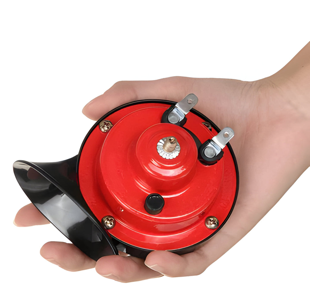 Red 300 Decibel Universal Car Horn. Super loud vehicle safety accessory for cars, trucks, motorcycles & boats.