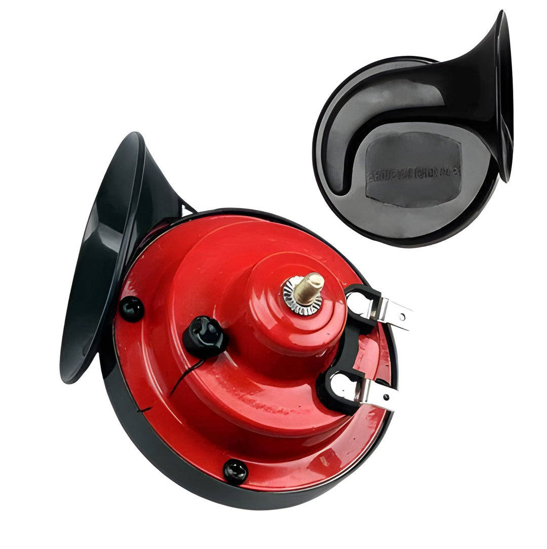Universal 300 Decibel Car Horn in red, ensuring super loud automotive safety for any vehicle type.