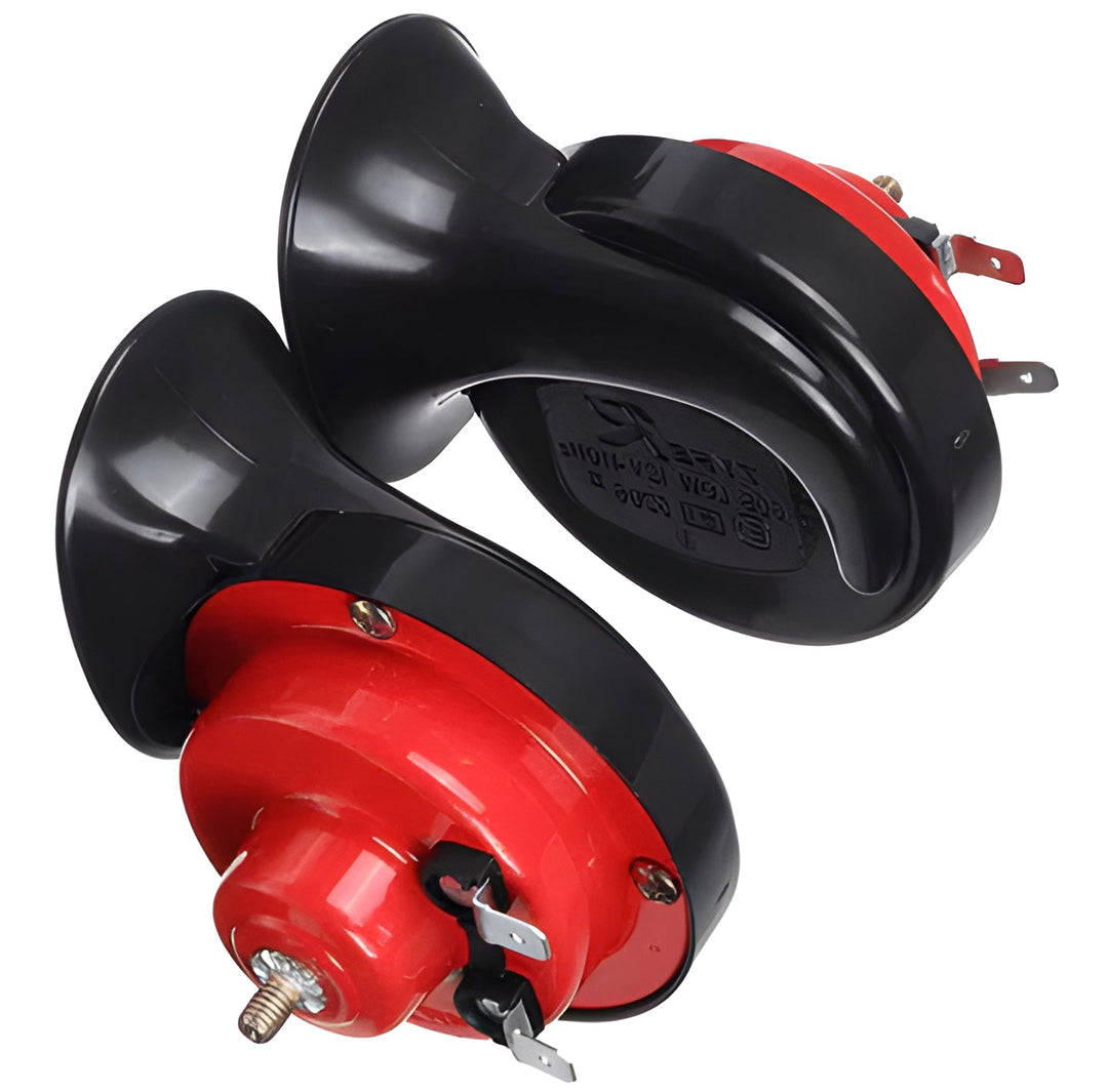 Powerful 300 decibel red car horn, offering train-like loudness for enhanced automotive safety & accessory.