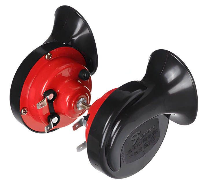 Super loud 300 decibel universal vehicle horn in red, perfect for truck, motorcycle, boat & car safety.