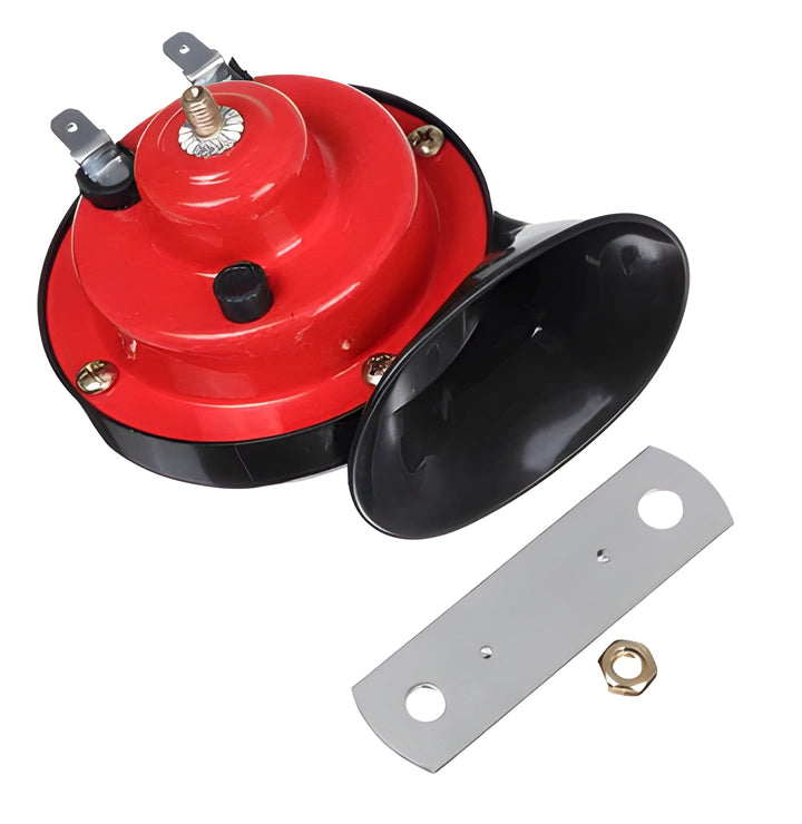 Vibrant red, universal 300 decibel powerful car horn. Essential loud safety accessory for all vehicles.