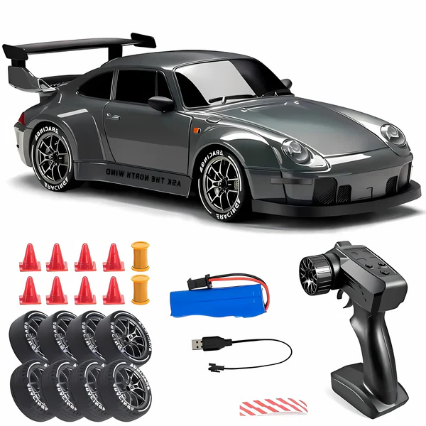 Red 4WD remote control drift car with bright LED lights, perfect for racing and hobby enthusiasts.