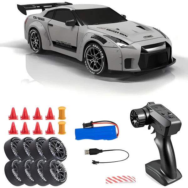 Dynamic 4WD RC drift car performing a sleek drift, showcasing its high-speed capabilities and LED lights.