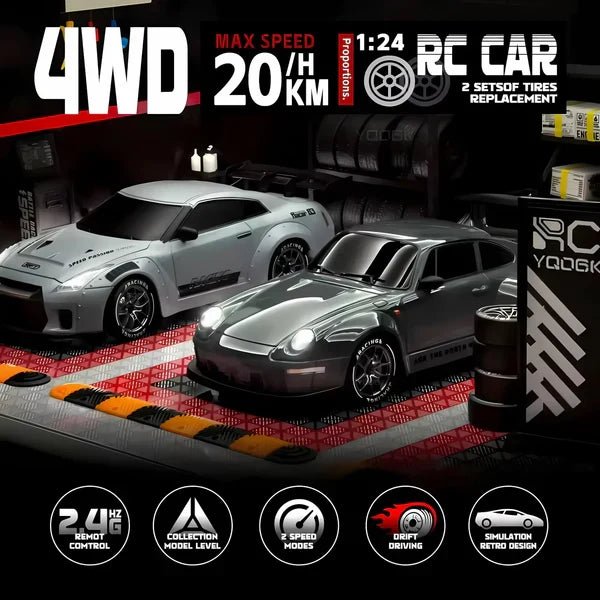 Retro RC drift car illuminated by vibrant LED lights, speeding across a dark track, ideal for night racing.