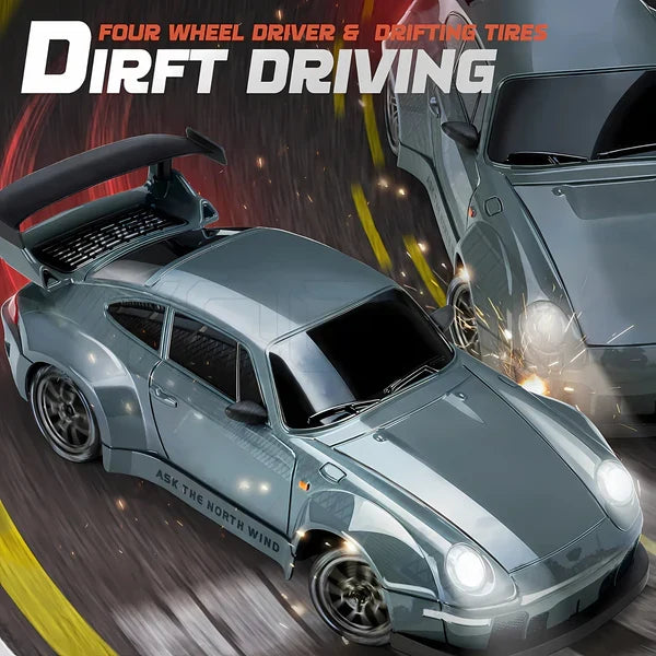 High-performance remote control drift car in action, kicking up dust with its 4WD system and cool LED accents.