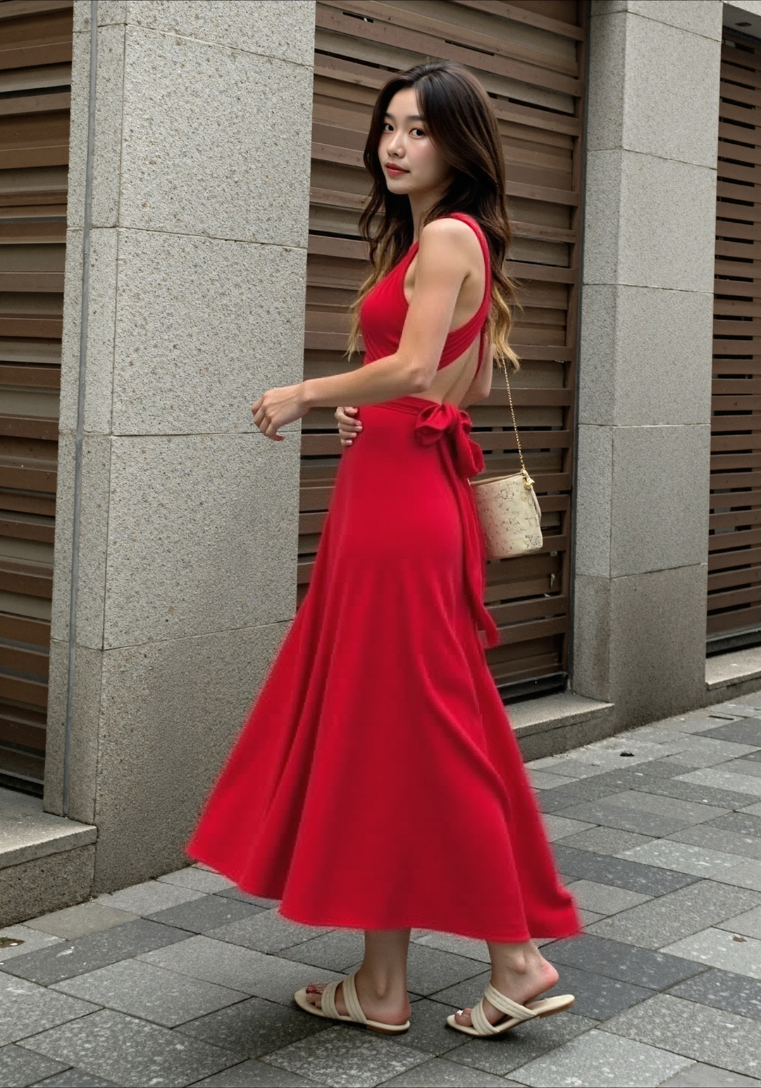 Red adaptable formal maxi dress for women, perfect for evening or special occasions.