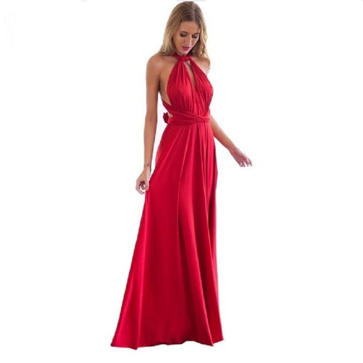 Long red formal dress for women, an adaptable maxi gown suitable for any special occasion.