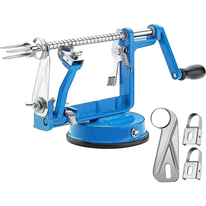 CoreSlicer apple peeler and corer, white with red accents, on a kitchen counter