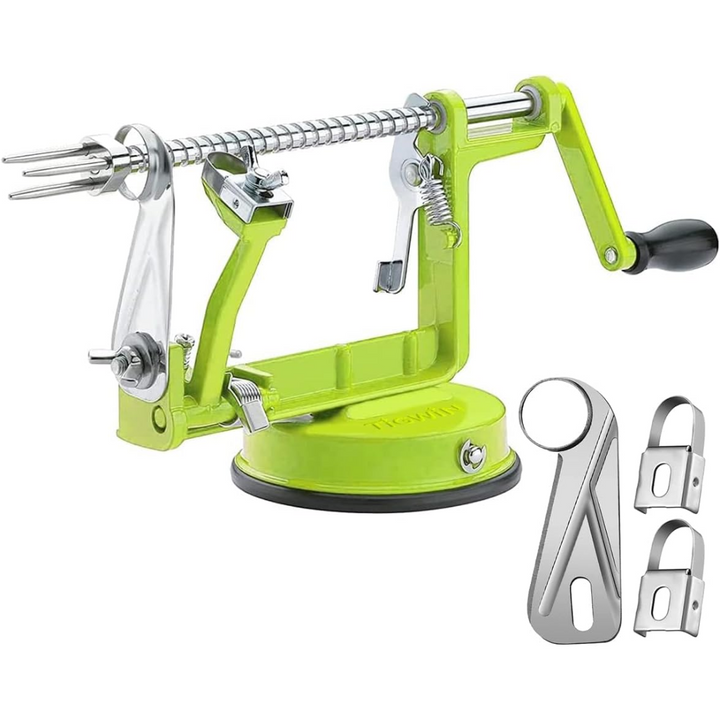 Close-up of CoreSlicer apple peeler's blade and coring mechanism