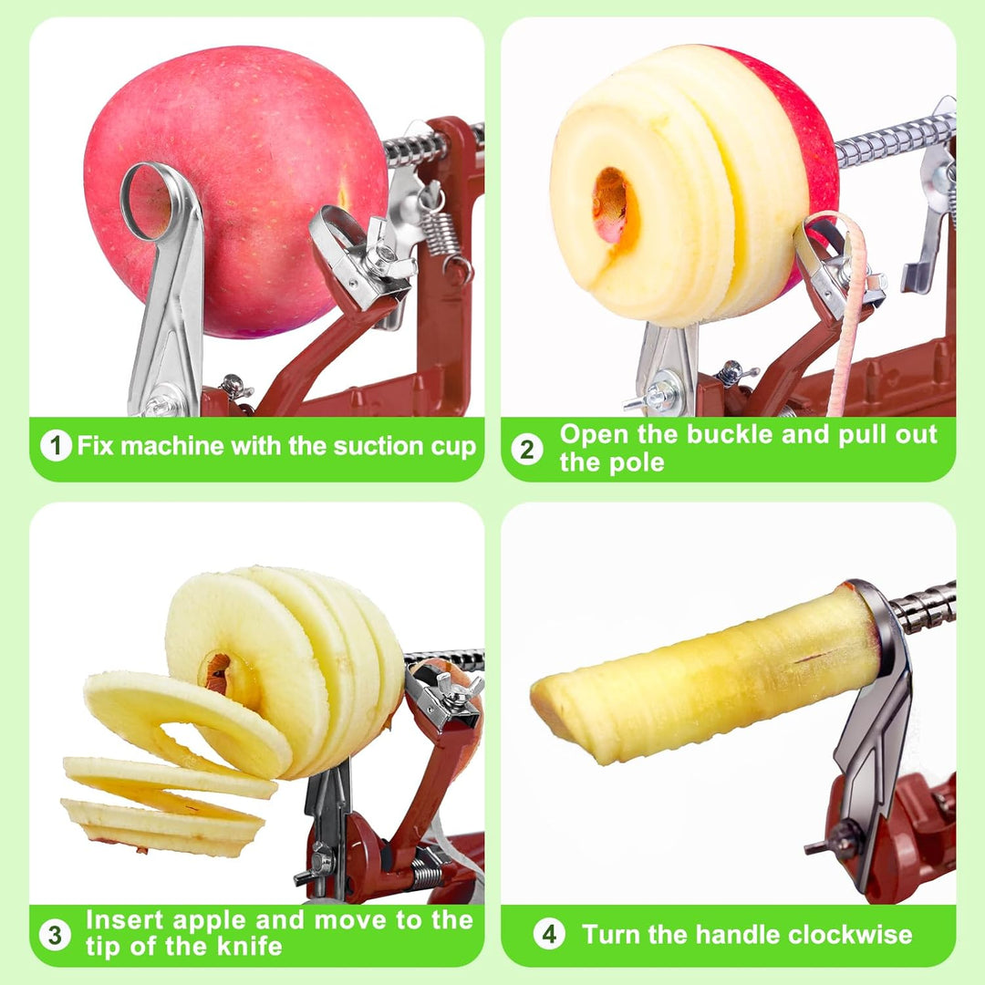 Hand operating the CoreSlicer apple peeler, peeling a red apple efficiently